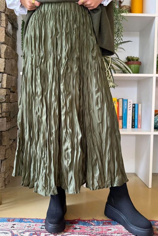 Twisted Sister Crinkle Midi Skirt Khaki